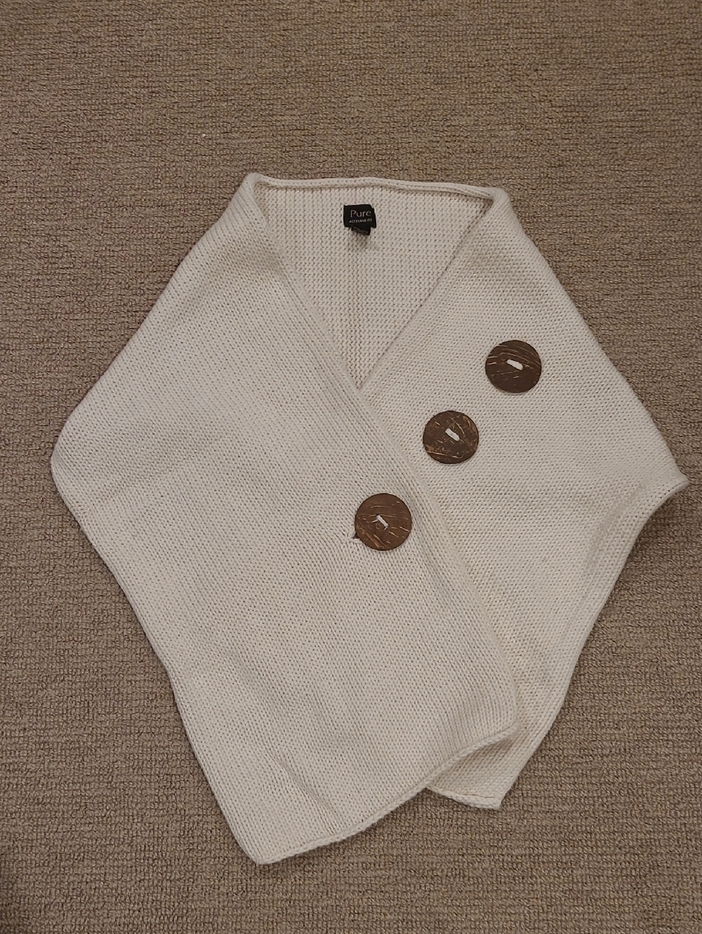 Pur Cream Knit Wrap Shrug with Wooden Button Accents